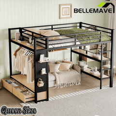 Bellemave® Heavy Duty Loft Bed with Wardrobe, Storage Drawers & Shelves, Metal Loft Bed with Pegboard & Under Bed Space for Kids Teens, Adults, Black - Bellemave