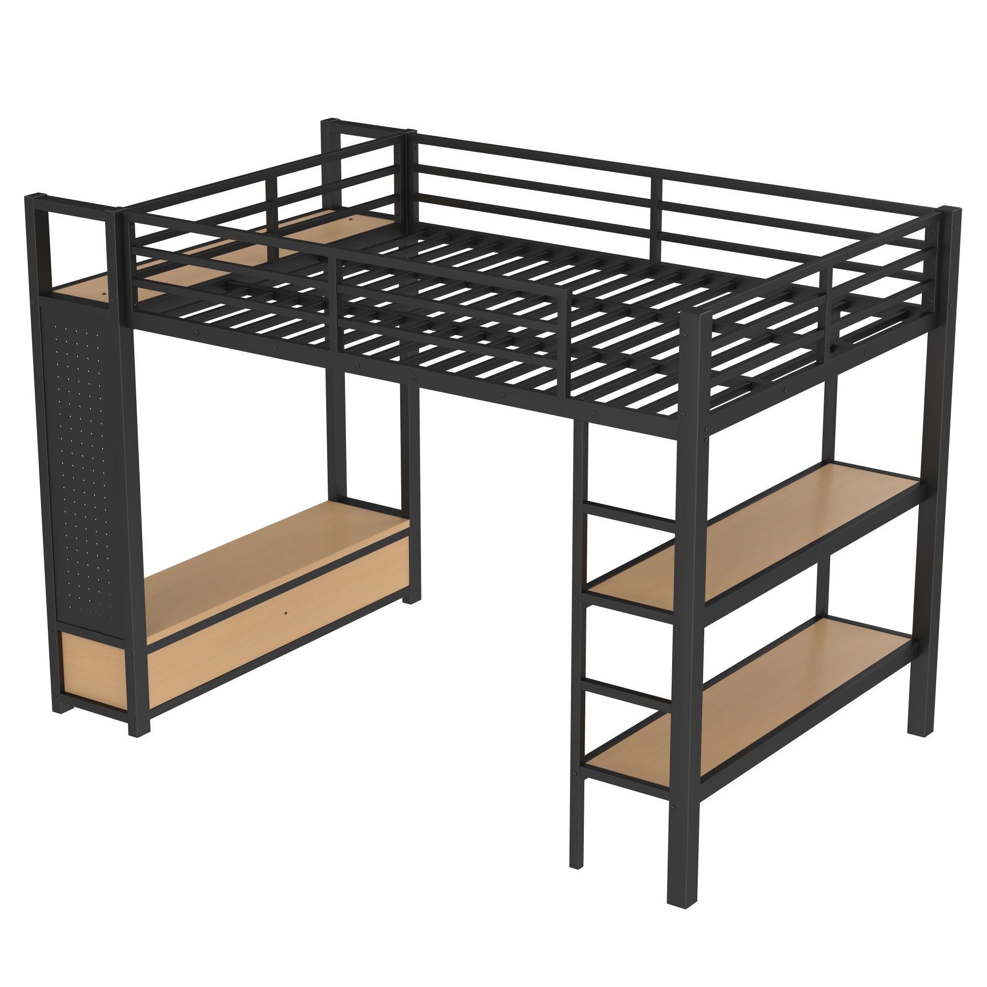 Bellemave® Heavy Duty Loft Bed with Wardrobe, Storage Drawers & Shelves, Metal Loft Bed with Pegboard & Under Bed Space for Kids Teens, Adults, Black - Bellemave
