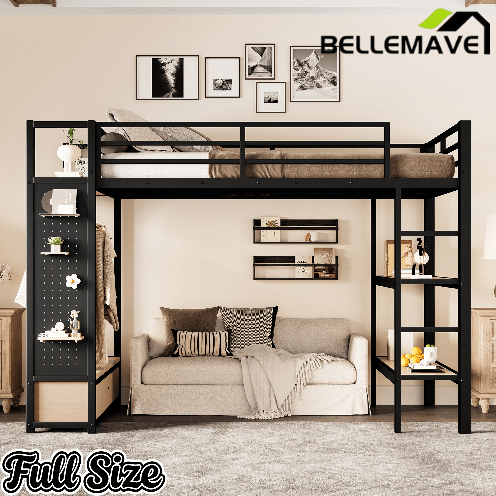 Bellemave® Heavy Duty Loft Bed with Wardrobe, Storage Drawers & Shelves, Metal Loft Bed with Pegboard & Under Bed Space for Kids Teens, Adults, Black - Bellemave