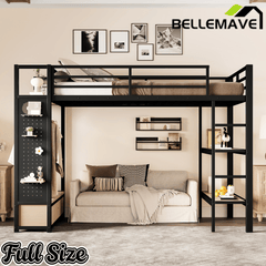 Bellemave® Heavy Duty Loft Bed with Wardrobe, Storage Drawers & Shelves, Metal Loft Bed with Pegboard & Under Bed Space for Kids Teens, Adults, Black - Bellemave