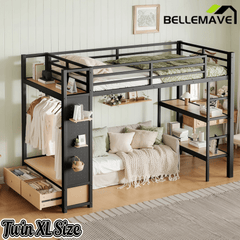 Bellemave® Heavy Duty Loft Bed with Wardrobe, Storage Drawers & Shelves, Metal Loft Bed with Pegboard & Under Bed Space for Kids Teens, Adults, Black - Bellemave