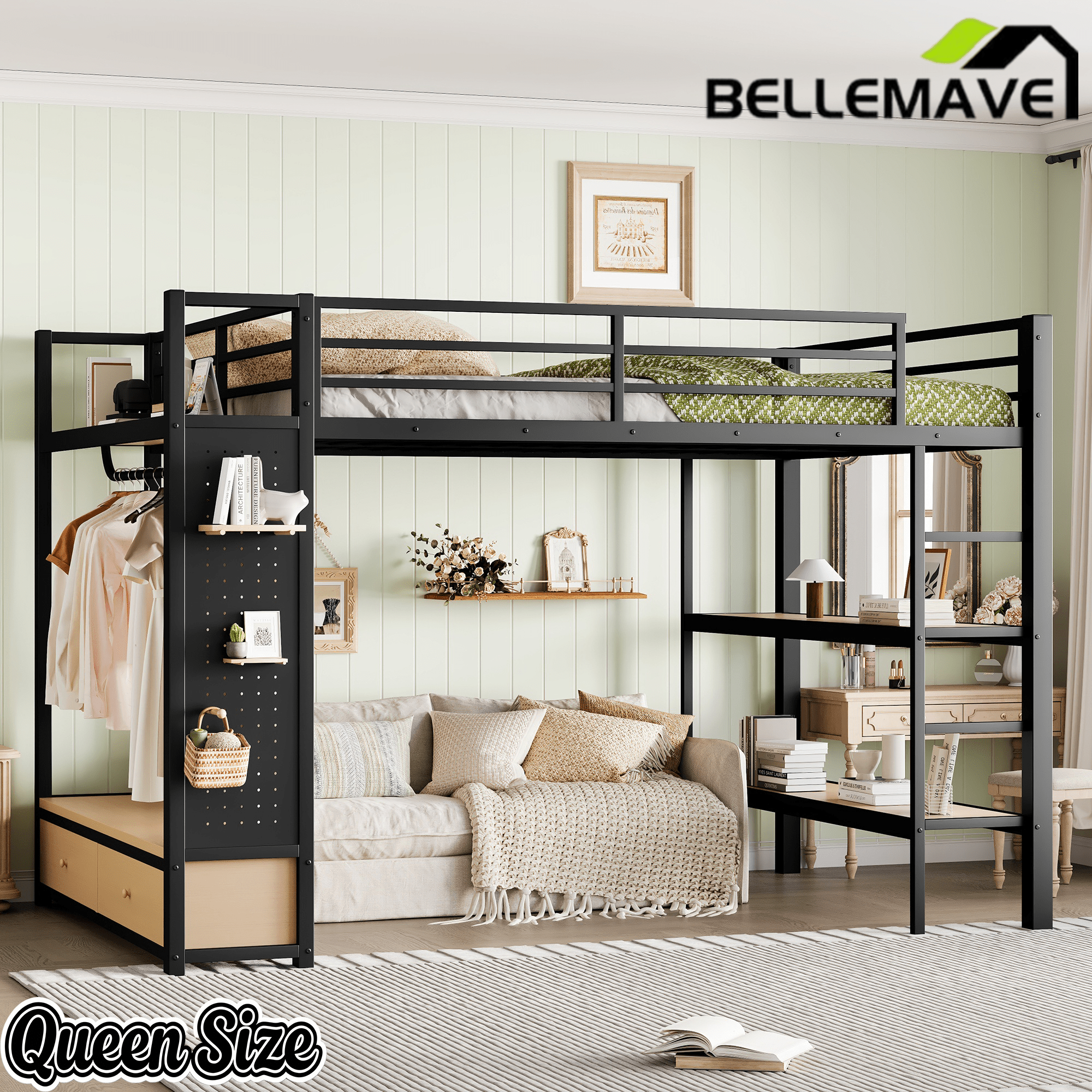 Bellemave® Heavy Duty Loft Bed with Wardrobe, Storage Drawers & Shelves, Metal Loft Bed with Pegboard & Under Bed Space for Kids Teens, Adults, Black - Bellemave