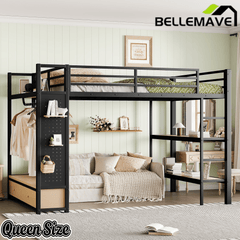 Bellemave® Heavy Duty Loft Bed with Wardrobe, Storage Drawers & Shelves, Metal Loft Bed with Pegboard & Under Bed Space for Kids Teens, Adults, Black - Bellemave