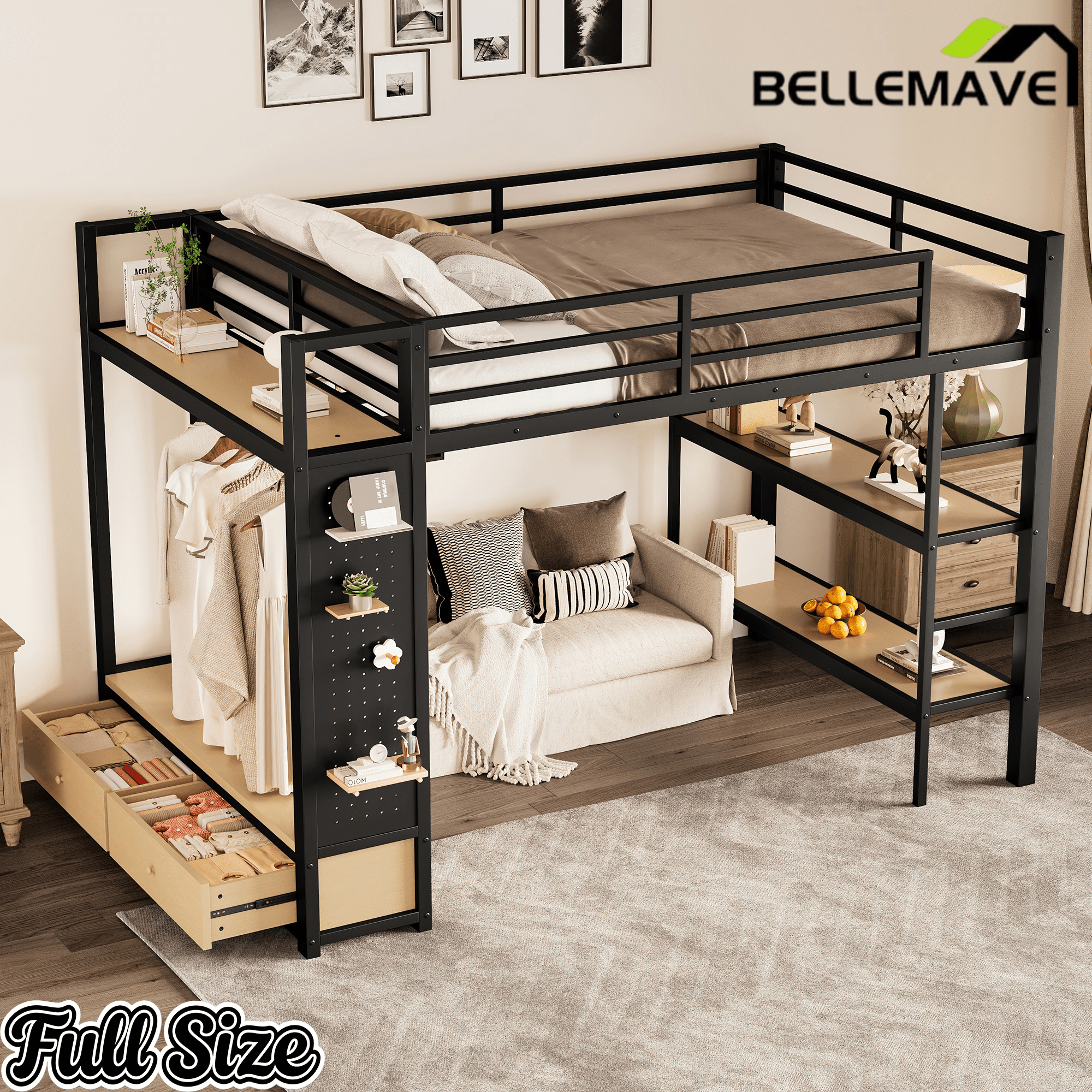 Bellemave® Heavy Duty Loft Bed with Wardrobe, Storage Drawers & Shelves, Metal Loft Bed with Pegboard & Under Bed Space for Kids Teens, Adults, Black - Bellemave