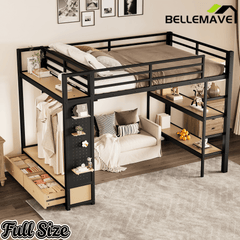 Bellemave® Heavy Duty Loft Bed with Wardrobe, Storage Drawers & Shelves, Metal Loft Bed with Pegboard & Under Bed Space for Kids Teens, Adults, Black - Bellemave