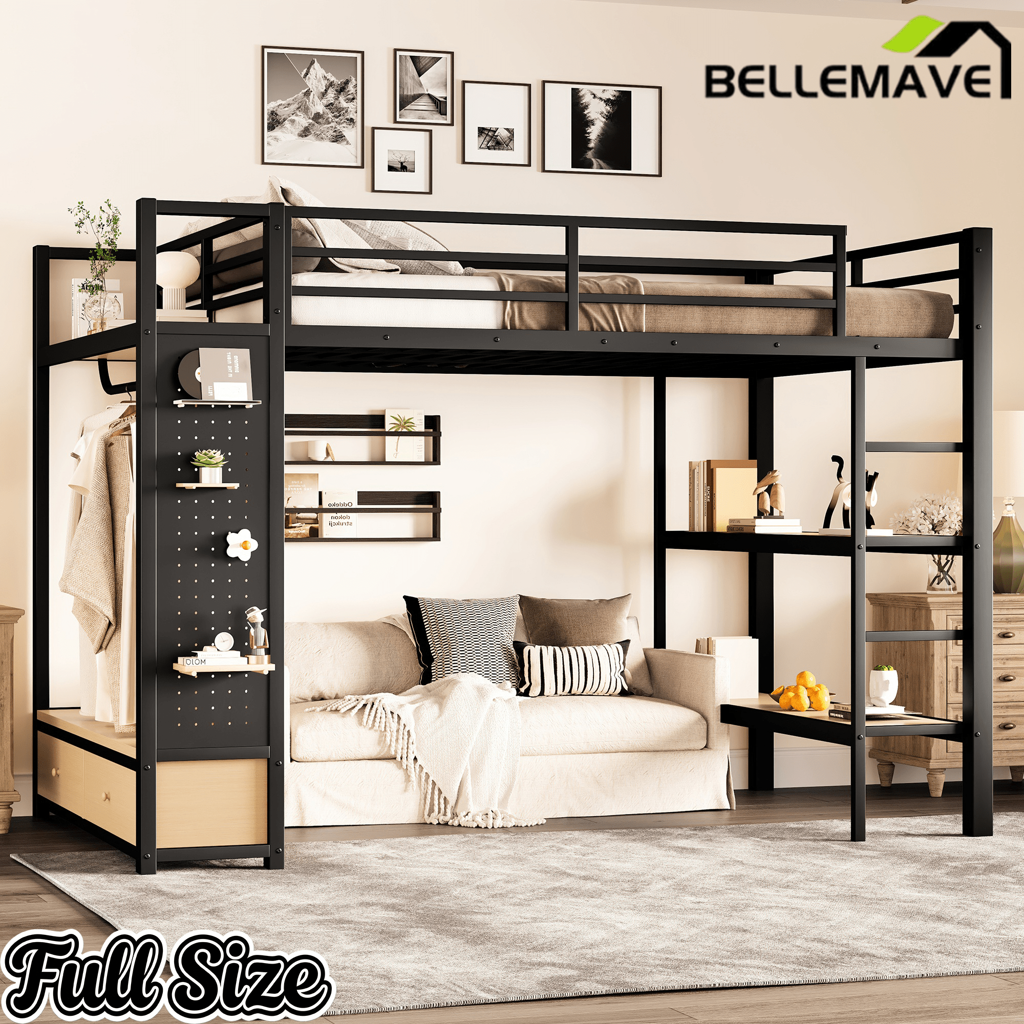 Bellemave® Heavy Duty Loft Bed with Wardrobe, Storage Drawers & Shelves, Metal Loft Bed with Pegboard & Under Bed Space for Kids Teens, Adults, Black - Bellemave