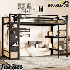 Bellemave® Heavy Duty Loft Bed with Wardrobe, Storage Drawers & Shelves, Metal Loft Bed with Pegboard & Under Bed Space for Kids Teens, Adults, Black - Bellemave