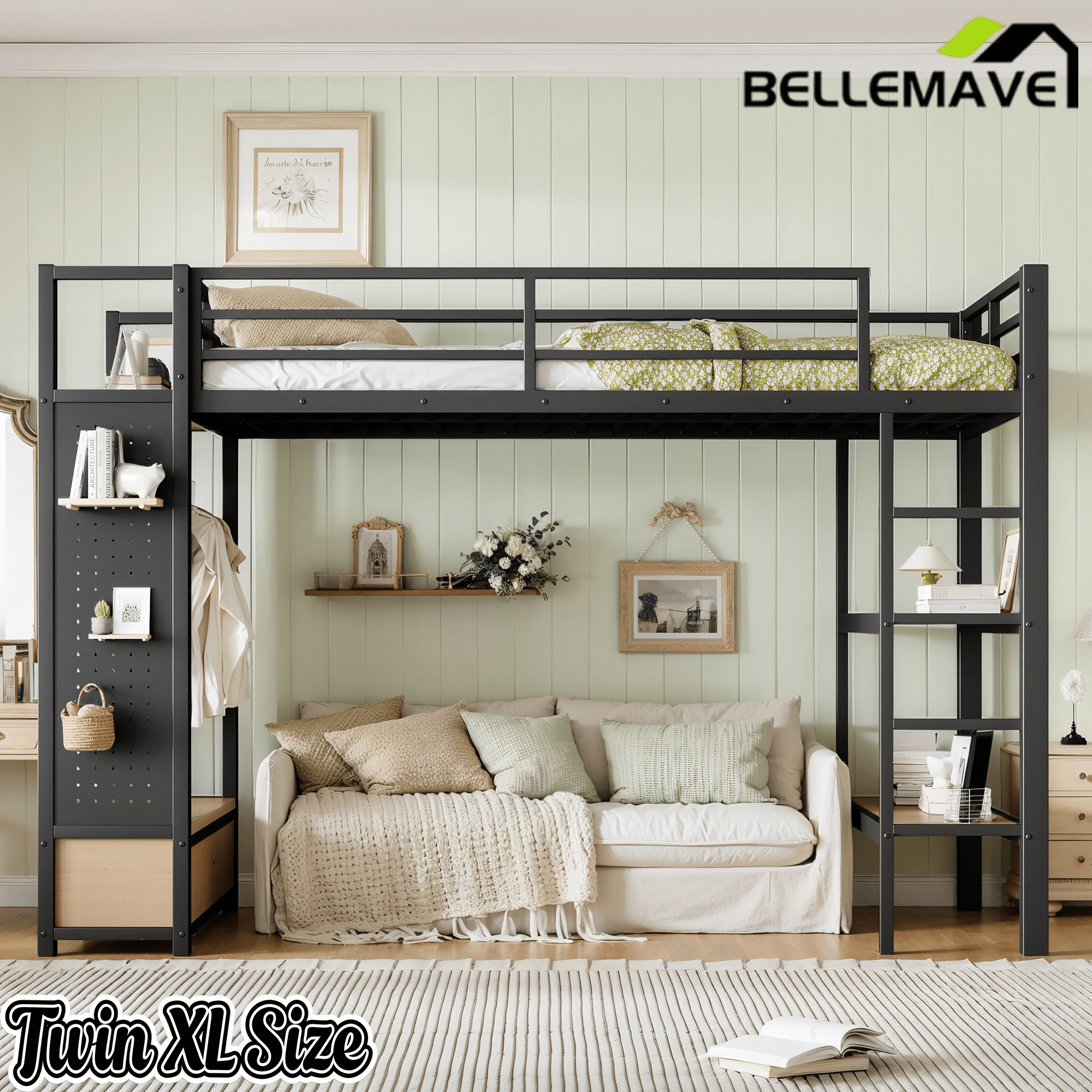 Bellemave® Heavy Duty Loft Bed with Wardrobe, Storage Drawers & Shelves, Metal Loft Bed with Pegboard & Under Bed Space for Kids Teens, Adults, Black - Bellemave