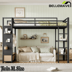 Bellemave® Heavy Duty Loft Bed with Wardrobe, Storage Drawers & Shelves, Metal Loft Bed with Pegboard & Under Bed Space for Kids Teens, Adults, Black - Bellemave