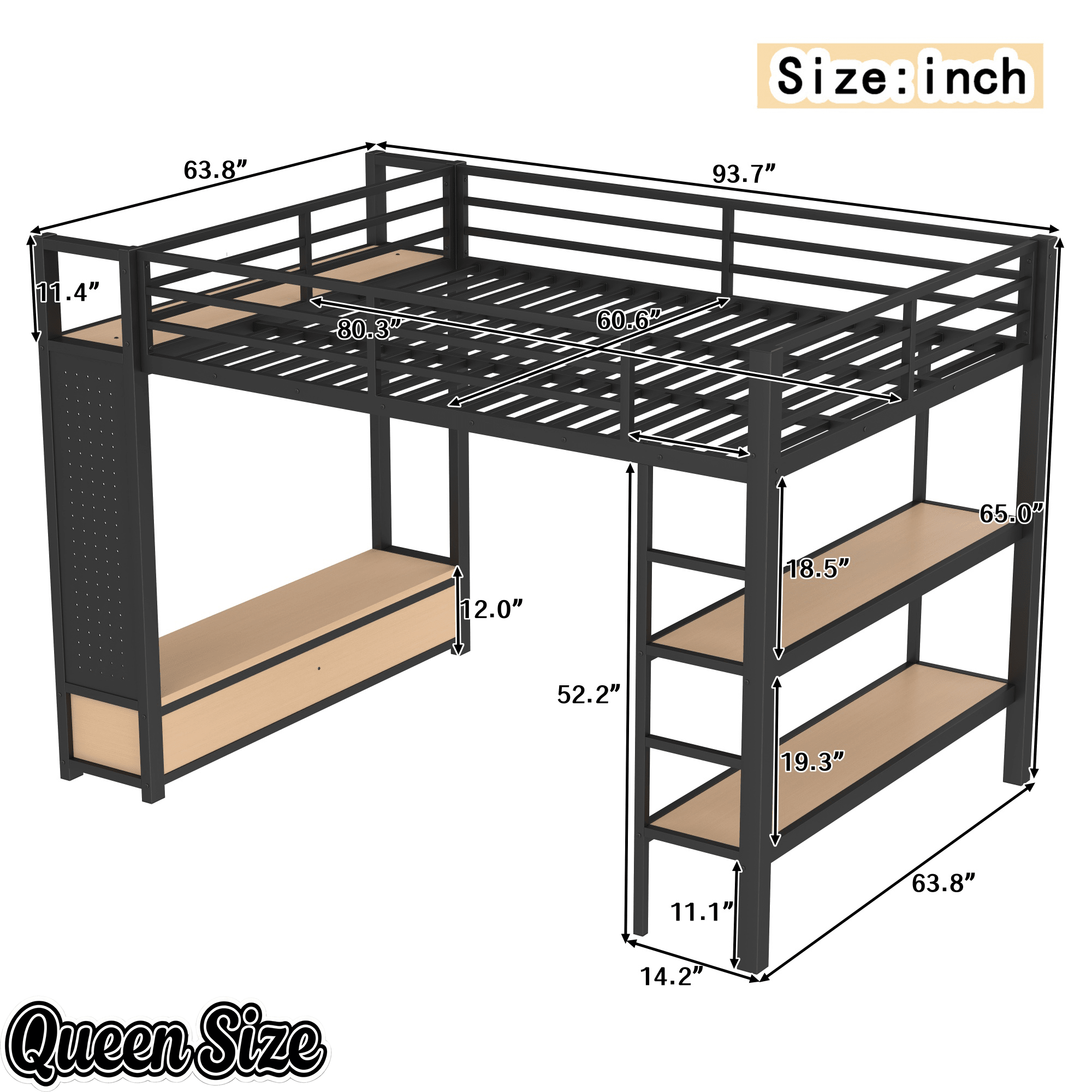 Bellemave® Heavy Duty Loft Bed with Wardrobe, Storage Drawers & Shelves, Metal Loft Bed with Pegboard & Under Bed Space for Kids Teens, Adults, Black - Bellemave
