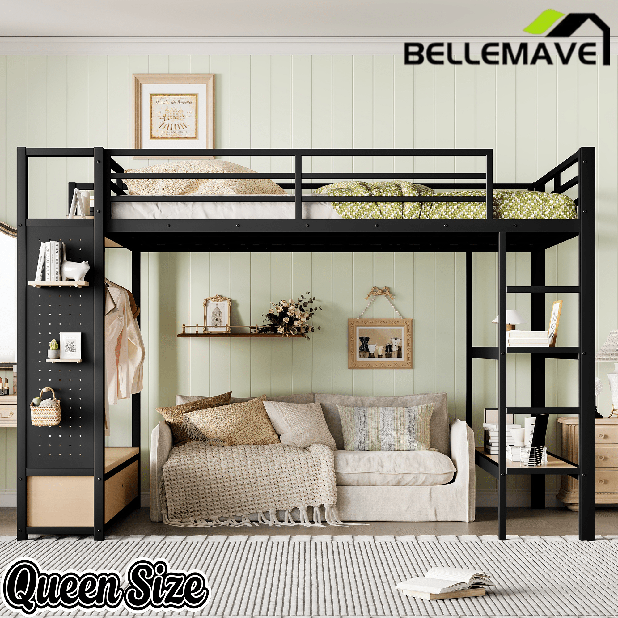 Bellemave® Heavy Duty Loft Bed with Wardrobe, Storage Drawers & Shelves, Metal Loft Bed with Pegboard & Under Bed Space for Kids Teens, Adults, Black - Bellemave