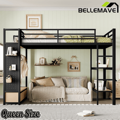 Bellemave® Heavy Duty Loft Bed with Wardrobe, Storage Drawers & Shelves, Metal Loft Bed with Pegboard & Under Bed Space for Kids Teens, Adults, Black - Bellemave