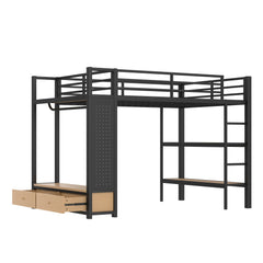 Bellemave® Heavy Duty Loft Bed with Wardrobe, Storage Drawers & Shelves, Metal Loft Bed with Pegboard & Under Bed Space for Kids Teens, Adults, Black - Bellemave