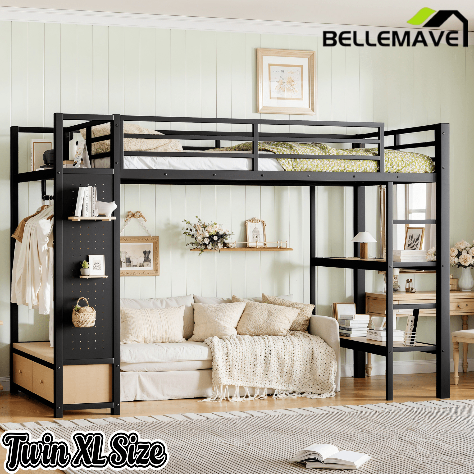 Bellemave® Heavy Duty Loft Bed with Wardrobe, Storage Drawers & Shelves, Metal Loft Bed with Pegboard & Under Bed Space for Kids Teens, Adults, Black - Bellemave