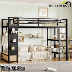 Bellemave® Heavy Duty Loft Bed with Wardrobe, Storage Drawers & Shelves, Metal Loft Bed with Pegboard & Under Bed Space for Kids Teens, Adults, Black - Bellemave