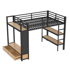 Bellemave® Heavy Duty Loft Bed with Wardrobe, Storage Drawers & Shelves, Metal Loft Bed with Pegboard & Under Bed Space for Kids Teens, Adults, Black - Bellemave
