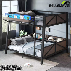 Bellemave® Heavy Duty Metal Bunk Bed Frame with Storage Shelves, LED Lights & USB Ports, Black - Bellemave