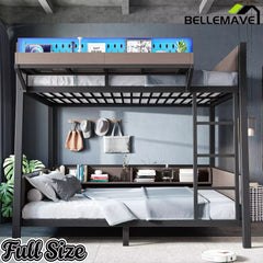 Bellemave® Heavy Duty Metal Bunk Bed Frame with Storage Shelves, LED Lights & USB Ports, Black - Bellemave