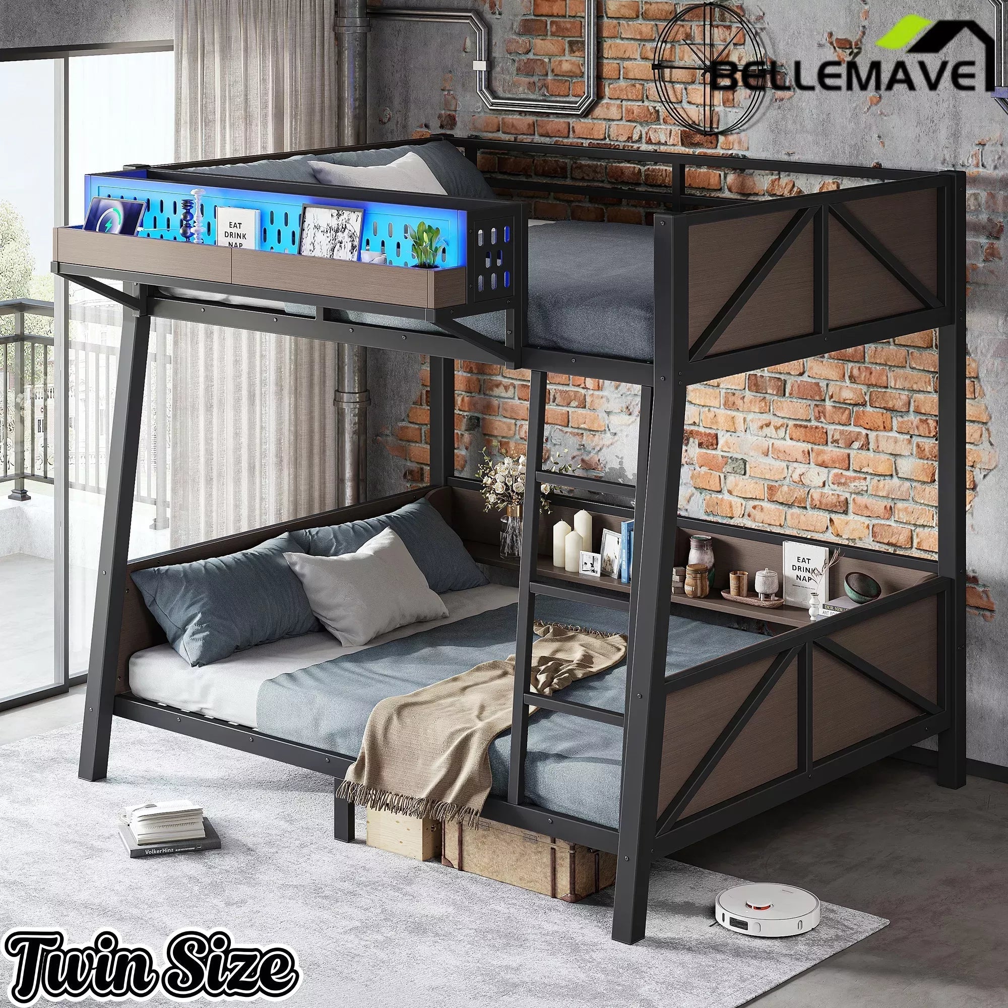 Bellemave® Heavy Duty Metal Bunk Bed Frame with Storage Shelves, LED Lights & USB Ports, Black - Bellemave
