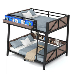 Bellemave® Heavy Duty Metal Bunk Bed Frame with Storage Shelves, LED Lights & USB Ports, Black - Bellemave