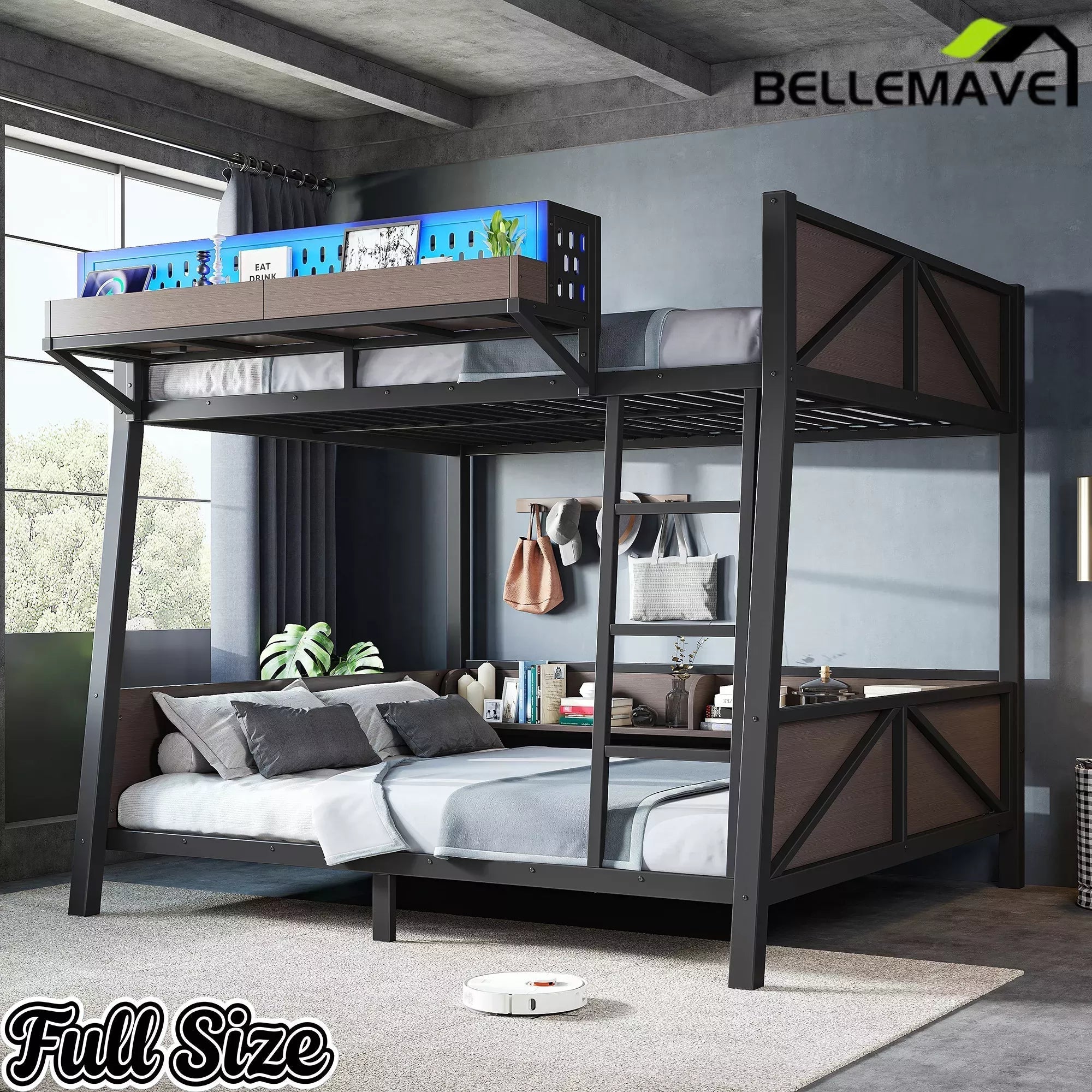 Bellemave® Heavy Duty Metal Bunk Bed Frame with Storage Shelves, LED Lights & USB Ports, Black - Bellemave
