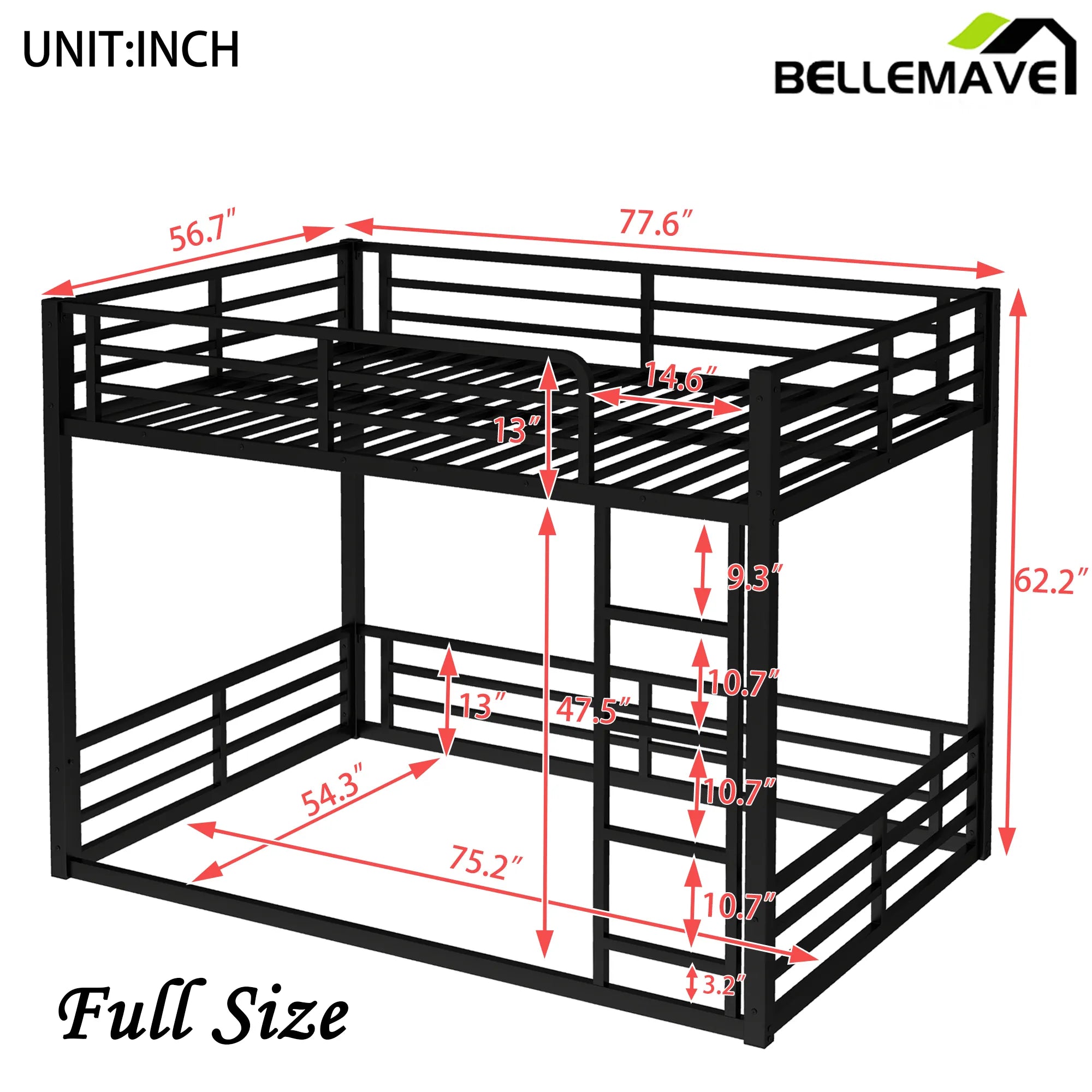 Bellemave® Heavy - Duty Metal Floor Bunk Bed - Bellemave