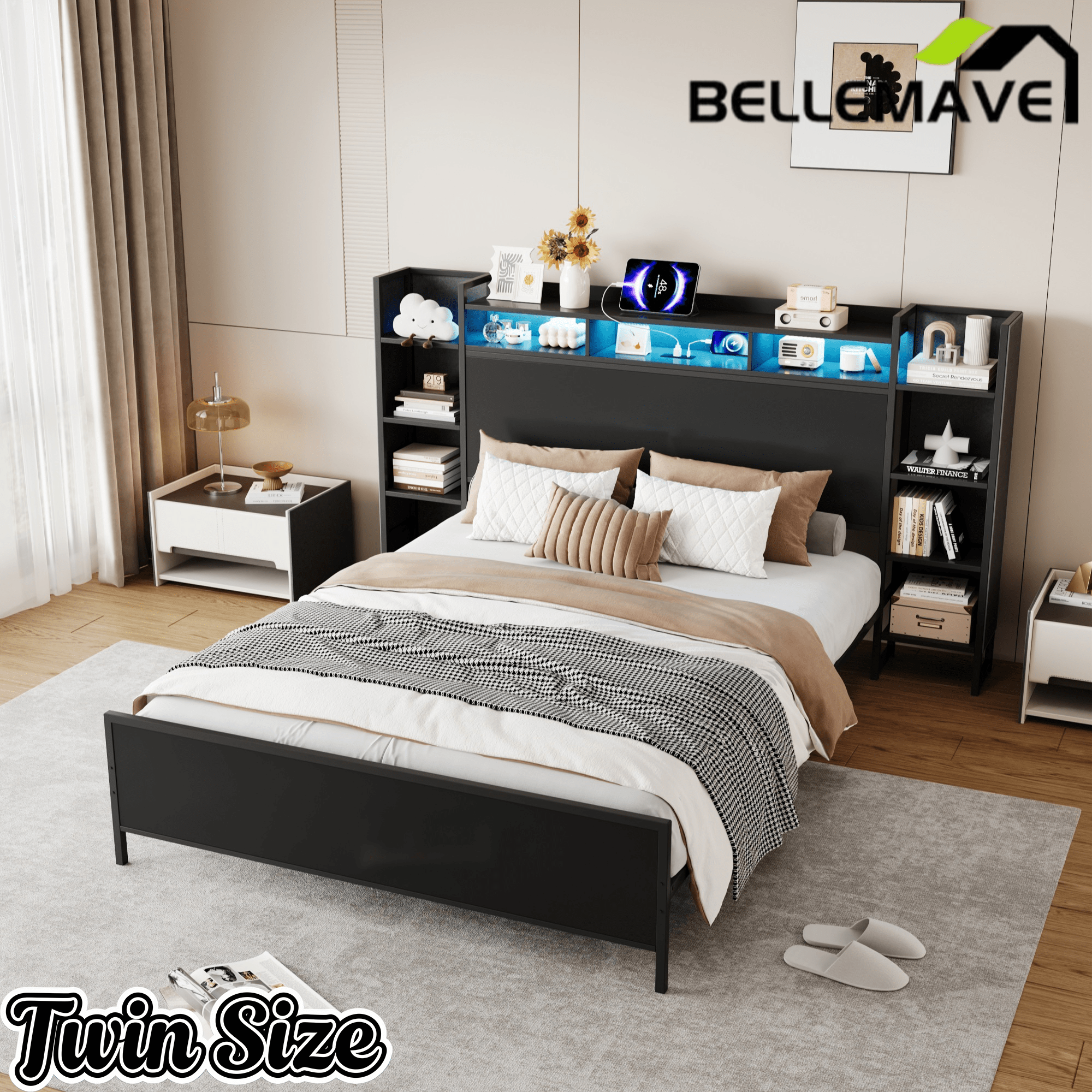 Bellemave® Heavy Duty Metal Platform Bed with Bookcase Headboard, Charging Station & LED Lights, Captain Bedframe with Storage, Black - Bellemave