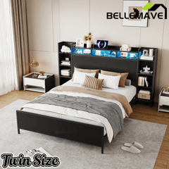Bellemave® Heavy Duty Metal Platform Bed with Bookcase Headboard, Charging Station & LED Lights, Captain Bedframe with Storage, Black - Bellemave