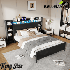 Bellemave® Heavy Duty Metal Platform Bed with Bookcase Headboard, Charging Station & LED Lights, Captain Bedframe with Storage, Black - Bellemave