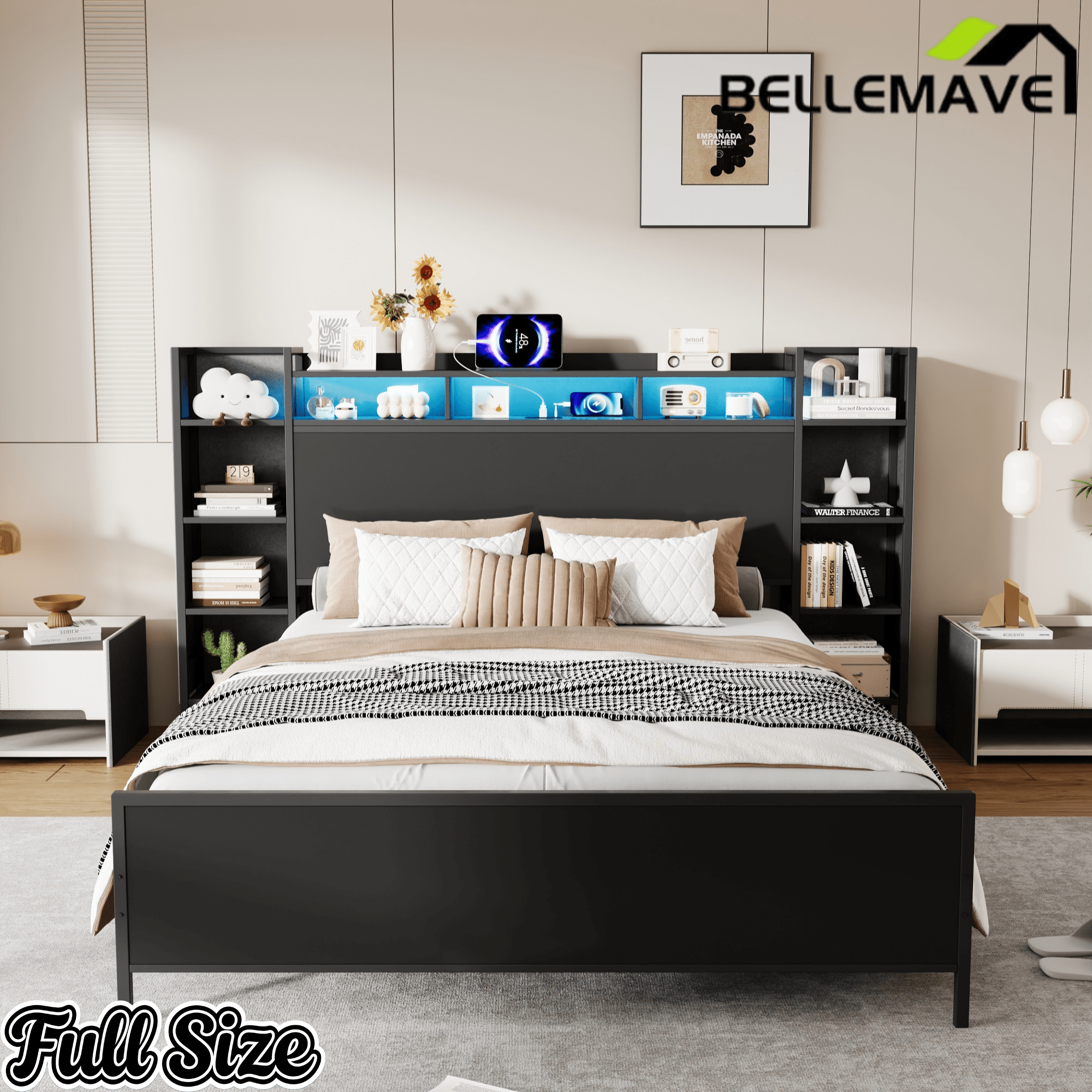 Bellemave® Heavy Duty Metal Platform Bed with Bookcase Headboard, Charging Station & LED Lights, Captain Bedframe with Storage, Black - Bellemave