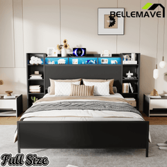 Bellemave® Heavy Duty Metal Platform Bed with Bookcase Headboard, Charging Station & LED Lights, Captain Bedframe with Storage, Black - Bellemave