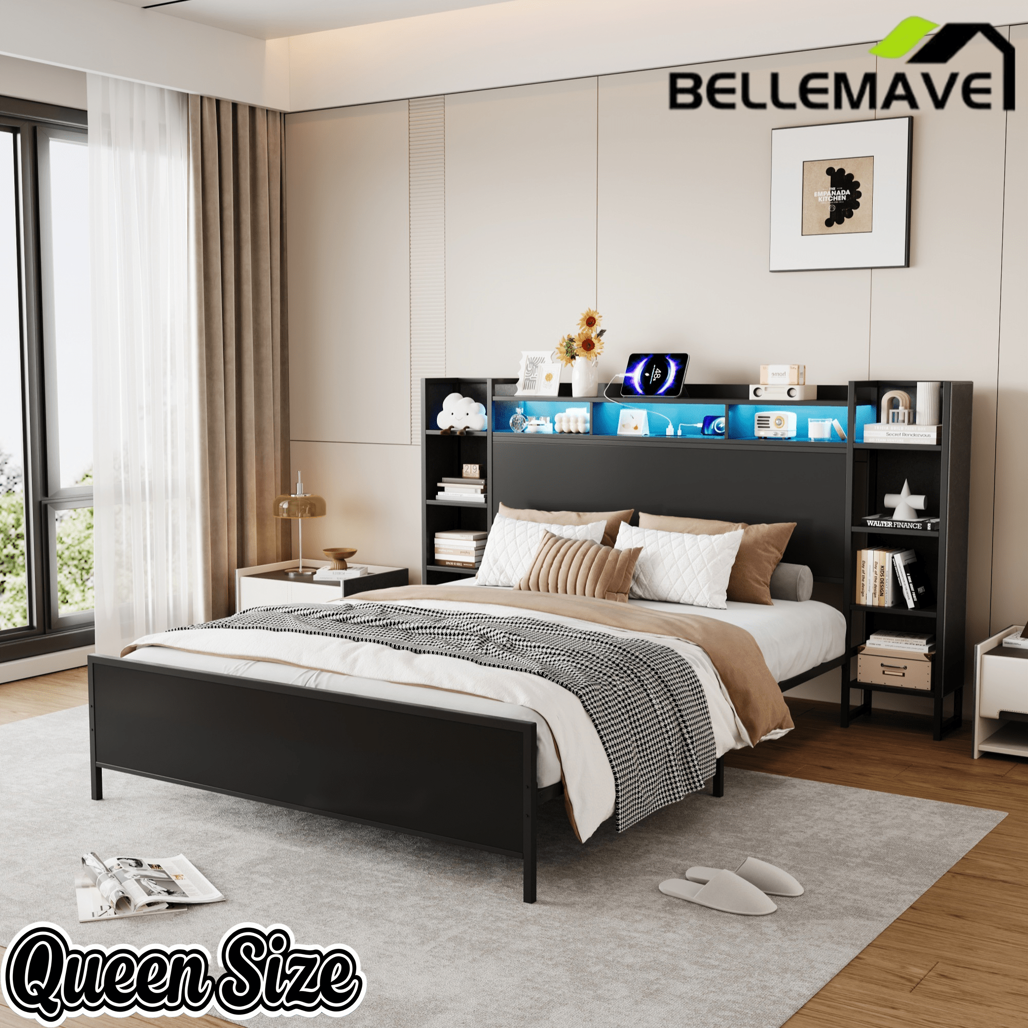Bellemave® Heavy Duty Metal Platform Bed with Bookcase Headboard, Charging Station & LED Lights, Captain Bedframe with Storage, Black - Bellemave