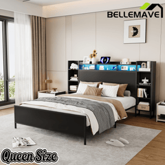Bellemave® Heavy Duty Metal Platform Bed with Bookcase Headboard, Charging Station & LED Lights, Captain Bedframe with Storage, Black - Bellemave