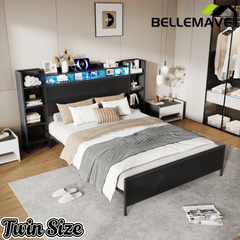 Bellemave® Heavy Duty Metal Platform Bed with Bookcase Headboard, Charging Station & LED Lights, Captain Bedframe with Storage, Black - Bellemave