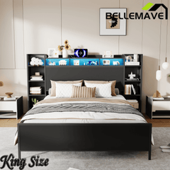 Bellemave® Heavy Duty Metal Platform Bed with Bookcase Headboard, Charging Station & LED Lights, Captain Bedframe with Storage, Black - Bellemave