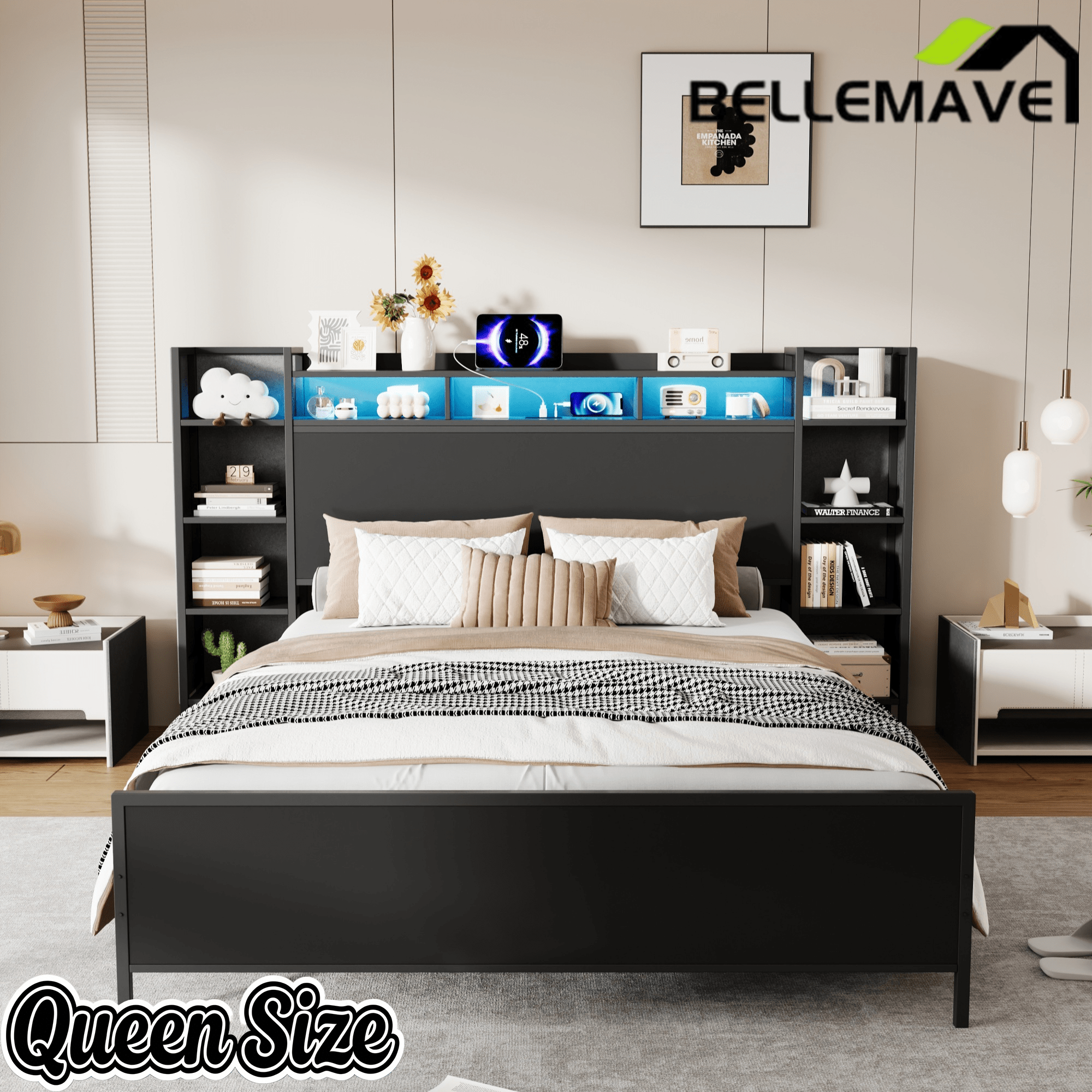 Bellemave® Heavy Duty Metal Platform Bed with Bookcase Headboard, Charging Station & LED Lights, Captain Bedframe with Storage, Black - Bellemave