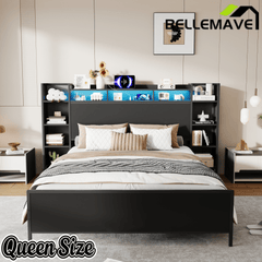 Bellemave® Heavy Duty Metal Platform Bed with Bookcase Headboard, Charging Station & LED Lights, Captain Bedframe with Storage, Black - Bellemave