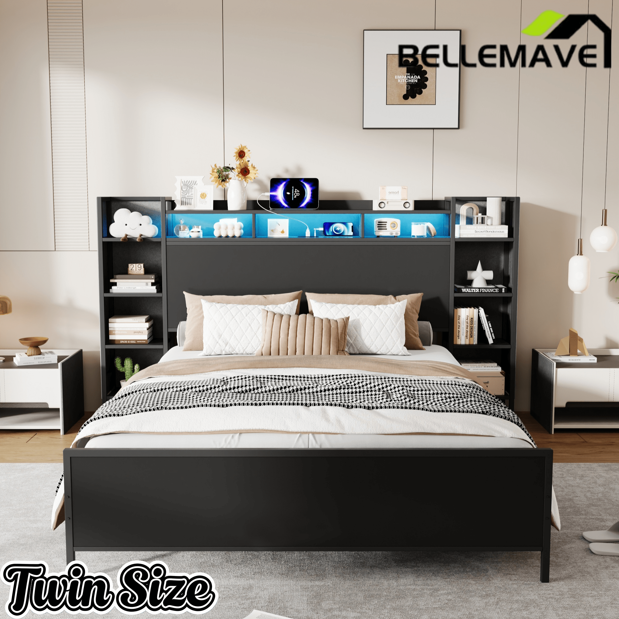 Bellemave® Heavy Duty Metal Platform Bed with Bookcase Headboard, Charging Station & LED Lights, Captain Bedframe with Storage, Black - Bellemave
