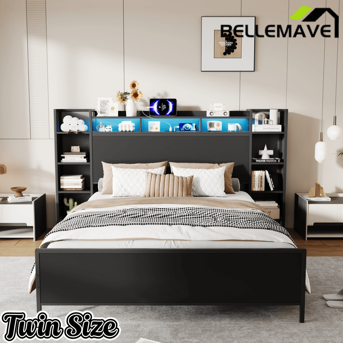 Bellemave® Heavy Duty Metal Platform Bed with Bookcase Headboard, Charging Station & LED Lights, Captain Bedframe with Storage, Black - Bellemave