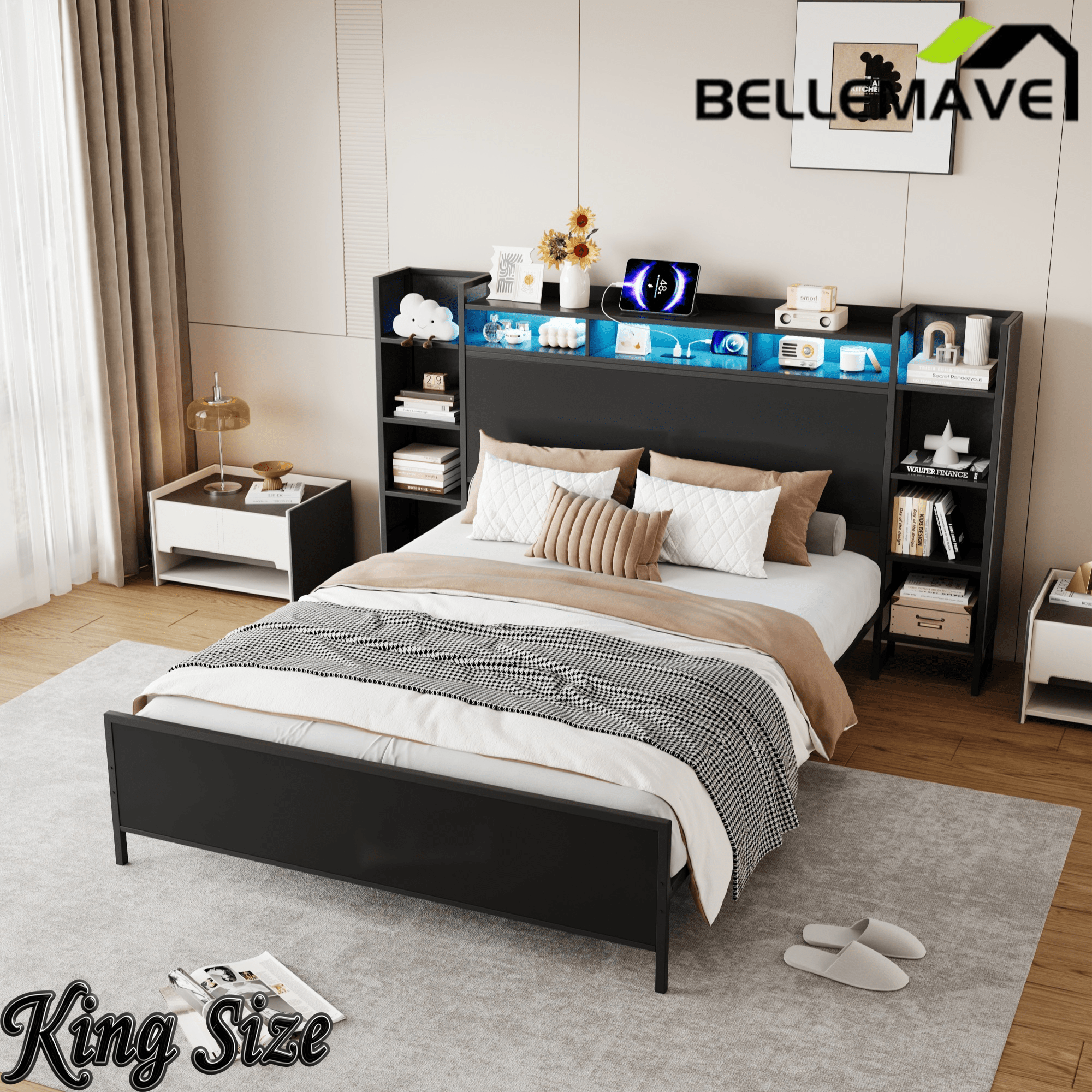 Bellemave® Heavy Duty Metal Platform Bed with Bookcase Headboard, Charging Station & LED Lights, Captain Bedframe with Storage, Black - Bellemave