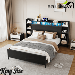 Bellemave® Heavy Duty Metal Platform Bed with Bookcase Headboard, Charging Station & LED Lights, Captain Bedframe with Storage, Black - Bellemave