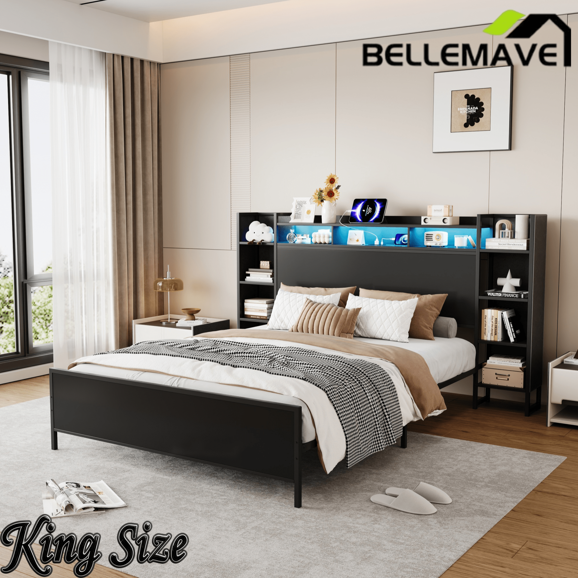 Bellemave® Heavy Duty Metal Platform Bed with Bookcase Headboard, Charging Station & LED Lights, Captain Bedframe with Storage, Black - Bellemave