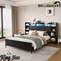 Bellemave® Heavy Duty Metal Platform Bed with Bookcase Headboard, Charging Station & LED Lights, Captain Bedframe with Storage, Black - Bellemave
