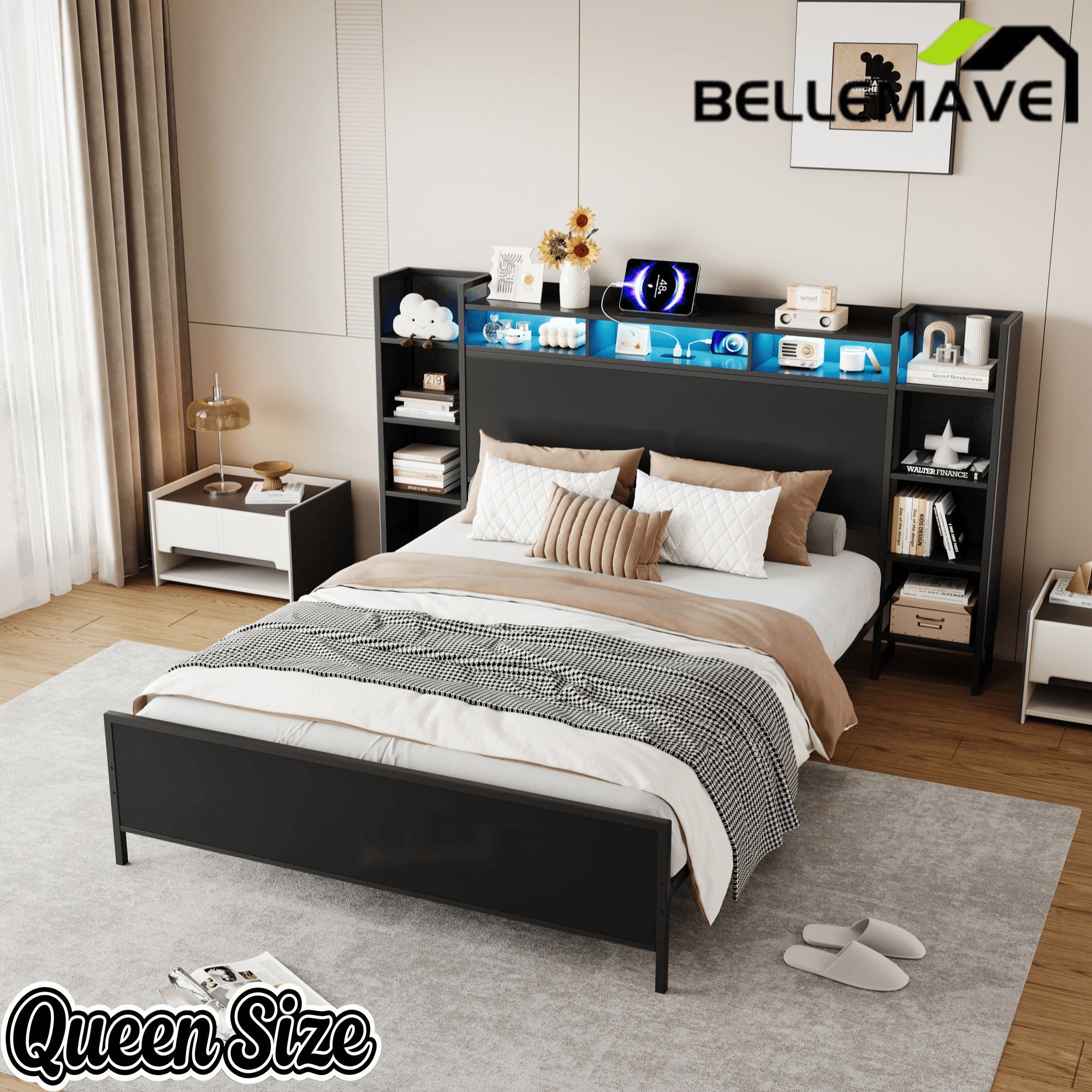 Bellemave® Heavy Duty Metal Platform Bed with Bookcase Headboard, Charging Station & LED Lights, Captain Bedframe with Storage, Black - Bellemave