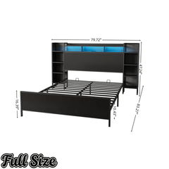 Bellemave® Heavy Duty Metal Platform Bed with Bookcase Headboard, Charging Station & LED Lights, Captain Bedframe with Storage, Black - Bellemave
