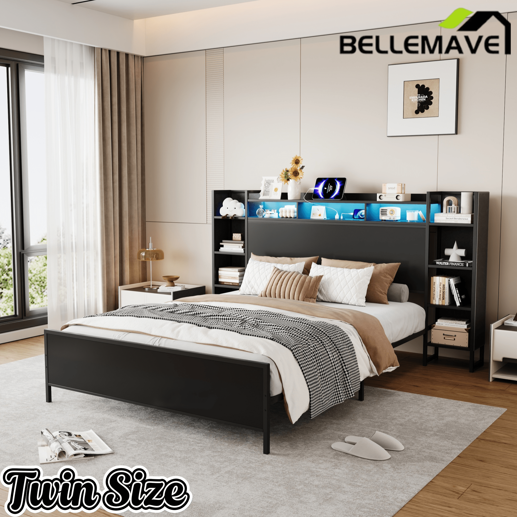 Bellemave® Heavy Duty Metal Platform Bed with Bookcase Headboard, Charging Station & LED Lights, Captain Bedframe with Storage, Black - Bellemave