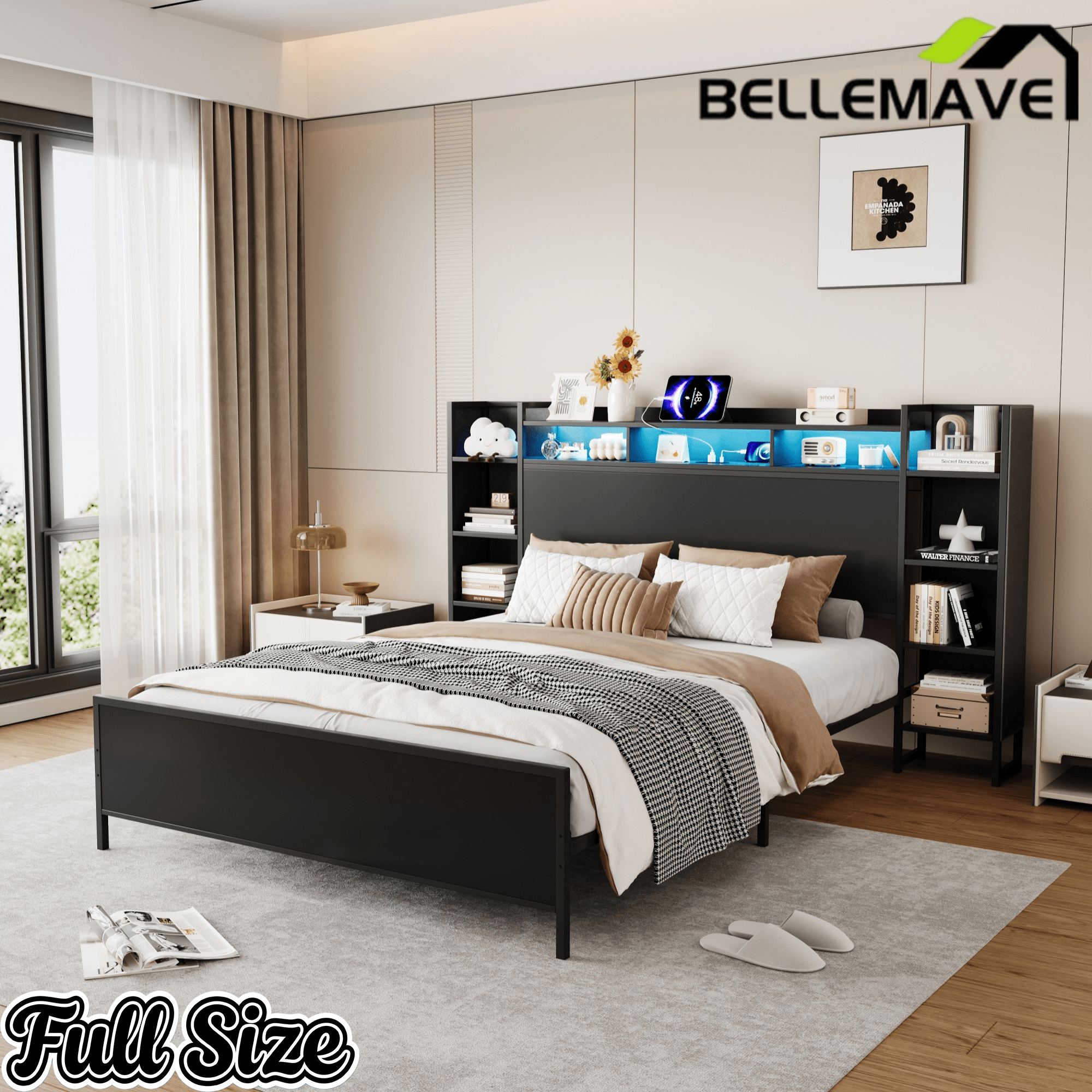 Bellemave® Heavy Duty Metal Platform Bed with Bookcase Headboard, Charging Station & LED Lights, Captain Bedframe with Storage, Black - Bellemave