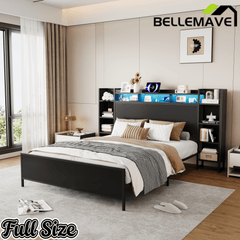 Bellemave® Heavy Duty Metal Platform Bed with Bookcase Headboard, Charging Station & LED Lights, Captain Bedframe with Storage, Black - Bellemave
