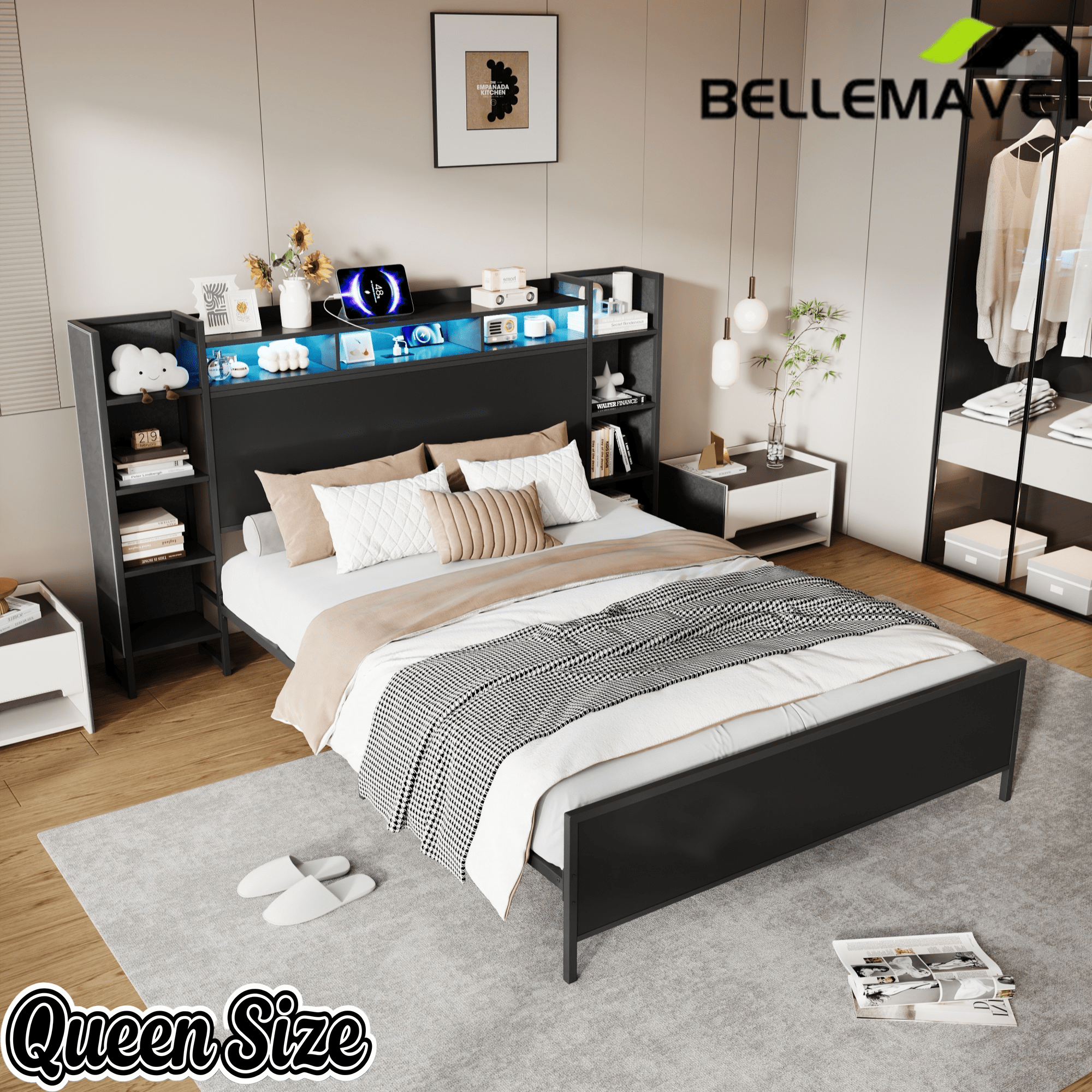 Bellemave® Heavy Duty Metal Platform Bed with Bookcase Headboard, Charging Station & LED Lights, Captain Bedframe with Storage, Black - Bellemave