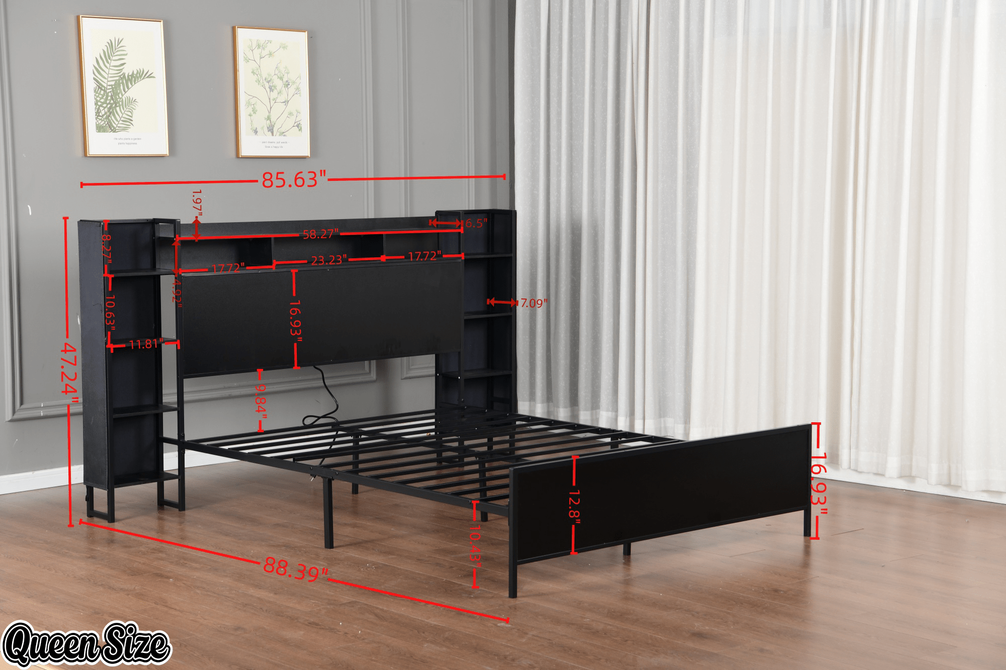 Bellemave® Heavy Duty Metal Platform Bed with Bookcase Headboard, Charging Station & LED Lights, Captain Bedframe with Storage, Black - Bellemave